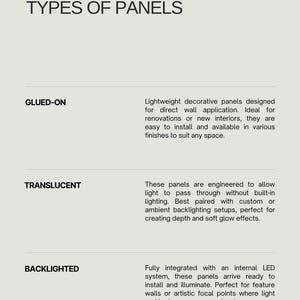 May include: Image of a design guide titled "PREMISE TYPES OF PANELS". The guide describes three types: Glued-On, Translucent, and Backlighted panels. The guide also includes the words "STYLE GUIDE", "LOOKBOOK", and "ARKDEKO'".