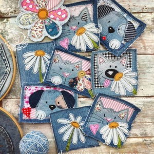 Denim patch, Cat patch, Dog patch,  Daisy Iron-on Patch, Denim Flower Patch, Handmade Hippie Applique, Textile Art Patches