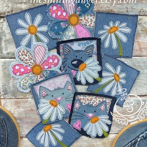 Denim patch, Boho Patch, Daisy Iron-on Patch, Cat and daisy patch, Flowery Hippie Patch, Applique, Textile Art Patches