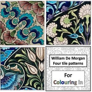 Vier William De Morgan-tegels met bloemenmotief om in te kleuren