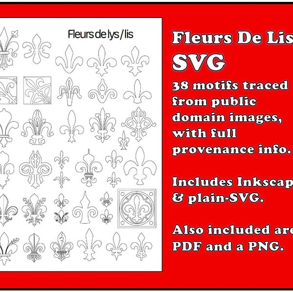 38 fleurs de lis, SVGs redrawn from public domain images (includes provenance info)