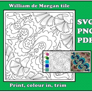 William de Morgan floral tile pattern - black and white line drawing for colouring in
