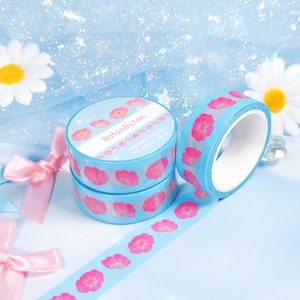 Pink flowers washi tape | Cute blue stationery | Kawaii masking tape for scrapbooking | Aesthetic washi tape