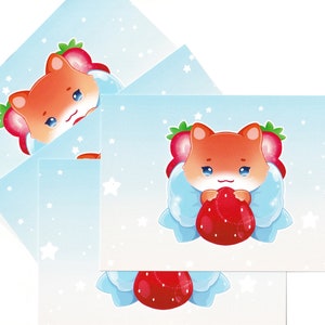 Impression d'art renard mignon et fraises | Carte postale animale mignonne | Papeterie kawaii | Décoration de chambre de rêve