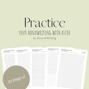 May include: Handwriting practice workbook with the text "Practice Your Handwriting with Aster" and "32 pages!". The workbook includes lined pages for practicing letters and words. The background is a light green color.