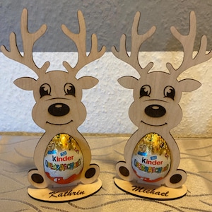 Personalisierter Rentier Ü-Ei Halter, Aufsteller, Weihnachtsdekoration, Gastgeschenk, Baumschmuck, Überraschungsei, Schokolade.