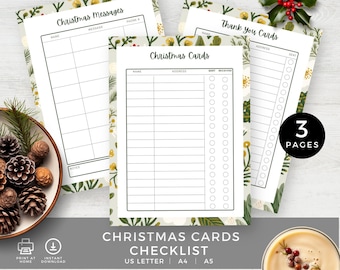 May include: Three printable pages for a Christmas cards checklist, Christmas messages, and thank you cards. Each page features a botanical border with green leaves and yellow flowers. The forms include columns for names, addresses, and checkboxes.