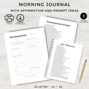 Morning Journal Prompts with Template, Printable, Daily Intentions, Journaling Routine, Affirmations, Instant Download, Digital Goodnotes