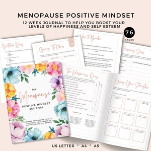 May include: A 76-page journal with a floral design on the cover. The journal is titled "My Menopause Positive Mindset Journal" and is a 12-week program to help boost levels of happiness and self-esteem.