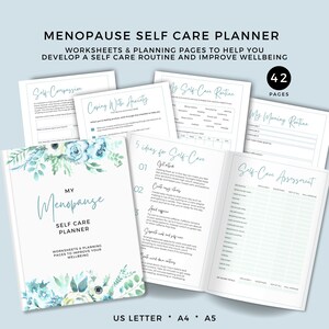 Menopause Planner for Self Care, Routines & Checklists, Wellbeing Workbook, Self-Care Trackers, Perimenopause, Digital, Blue Floral