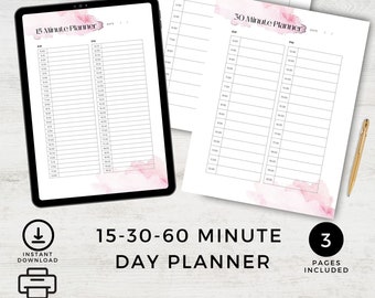 May include: Three printable daily planner pages with pink watercolor backgrounds. The pages are labeled "15 Minute Planner", "30 Minute Planner", and "60 Minute Planner". Each page has columns for AM and PM with time slots in 15-minute increments.