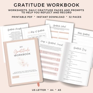 May include: A pink and white printable gratitude workbook with the title "My Gratitude Workbook" and the text "Worksheets, Daily Gratitude Pages & Prompts to Help You Reflect and Record". The workbook includes sections for "30 Days of Gratitude", "Keep a Gratitude Journal", "Gratitude Wheel", "Daily Gratitude", and "Gratitude Quiz".