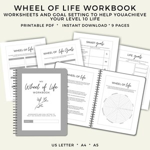 Puede incluir: Un cuaderno de trabajo imprimible en gris y blanco titulado "Mi Rueda de la Vida Workbook". El cuaderno de trabajo incluye hojas de trabajo y establecimiento de objetivos para ayudarte a alcanzar tu nivel de vida 10. La portada presenta un simple dibujo de línea de una planta.