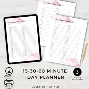 Könnte beinhalten: Drei druckbare Tagesplaner-Seiten mit rosafarbenen Aquarellhintergründen. Die Seiten sind mit "15 Minuten Planer", "30 Minuten Planer" und "60 Minuten Planer" beschriftet. Jede Seite hat Spalten für AM und PM mit Zeitfenstern in 15-Minuten-Schritten.
