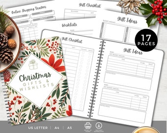 May include: A spiral-bound Christmas gifts and wishlists planner with 17 pages. The cover features a diamond-shaped frame with red berries and green leaves. Interior pages include templates for gift checklists, gift ideas, and online shopping trackers.
