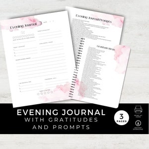 Pode incluir: Diário da noite imprimível com ideias de gratidão e prompts. O diário tem um fundo de aquarela rosa e inclui seções para reflexões diárias, desafios enfrentados e gratidão.
