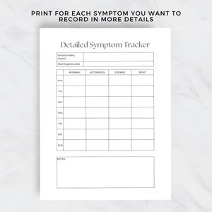 May include: A printable symptom tracker with a table to record symptoms by day and time of day. The table includes columns for morning, afternoon, evening, and night. There are rows for each day of the week, Monday through Sunday. There is also a section for notes.