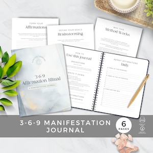 May include: A 369 Affirmation Ritual journal with a blue and white watercolor design. The journal is a manifestation journal with 6 pages. The cover features the text "369 Affirmation Ritual" and "A Manifestation Journal".