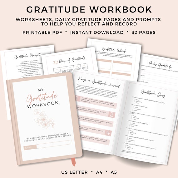 Gratitude Worksheets, Daily Journal Pages, Journaling Prompts, Gratitude Trackers, Grateful Jar & Wheel, Printable PDF, Digital, Pink