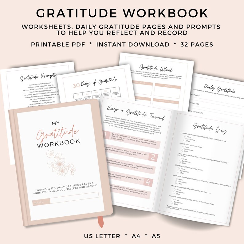 May include: A pink and white printable gratitude workbook with the title "My Gratitude Workbook" and the text "Worksheets, Daily Gratitude Pages & Prompts to Help You Reflect and Record". The workbook includes sections for "30 Days of Gratitude", "Keep a Gratitude Journal", "Gratitude Wheel", "Daily Gratitude", and "Gratitude Quiz".