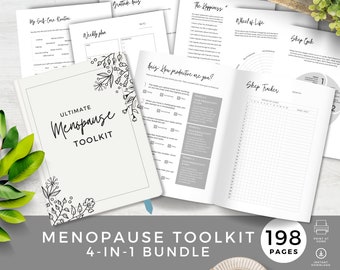 May include: A white and gray "Ultimate Menopause Toolkit" book with floral accents, surrounded by open pages with text and charts. The bundle includes a sleep tracker, weekly plan, and gratitude quiz. The text "Menopause Toolkit 4-in-1 Bundle" is displayed below.