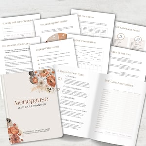 Pu&ograve; includere: Un planner di auto-cura per la menopausa con un design floreale. Il planner include fogli di lavoro e pagine di pianificazione per aiutare a migliorare il benessere. La copertina presenta il testo "Menopause Self-Care Planner".