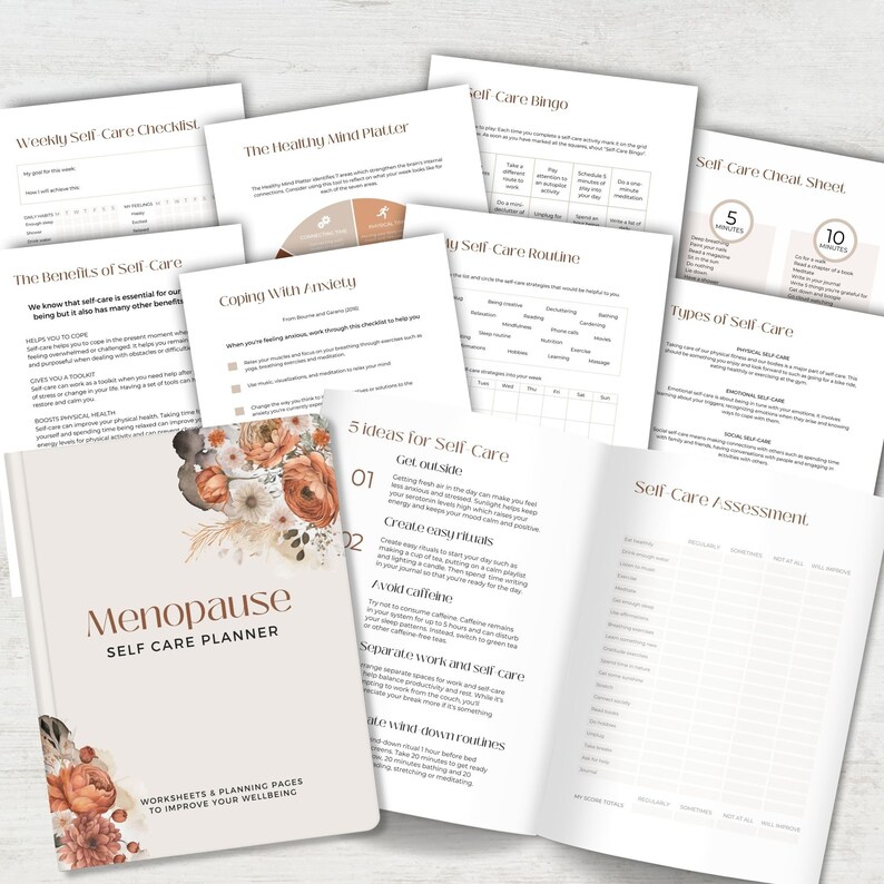 Pu&ograve; includere: Un planner di auto-cura per la menopausa con un design floreale. Il planner include fogli di lavoro e pagine di pianificazione per aiutare a migliorare il benessere. La copertina presenta il testo "Menopause Self-Care Planner".