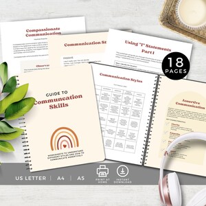 Op de afbeelding: Een gids voor communicatieve vaardigheden met werkbladen om verschillende communicatiestijlen te begrijpen en hoe je assertief kunt communiceren. De gids heeft een regenboogontwerp met een hart in het midden. De omslag bevat ook de tekst "Guide to Communication Skills" en "Worksheets to understand different styles and how to communicate assertively".