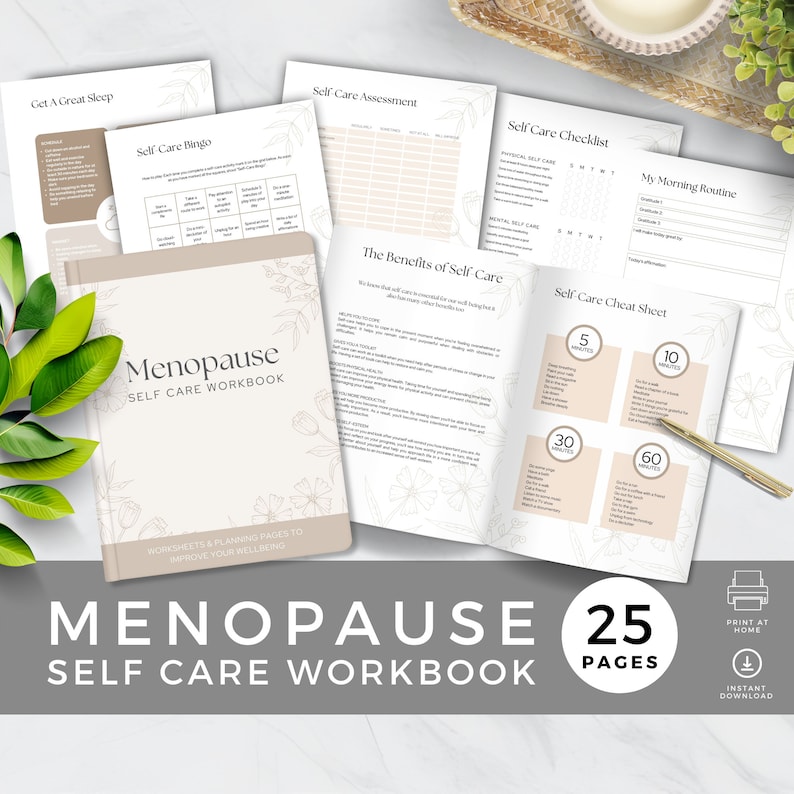 Menopause Self Care Workbook, Printable PDF, Self-Care Ideas, Routines and Checklists, Perimenopause Journal, Wellbeing Worksheets, Digital image 1