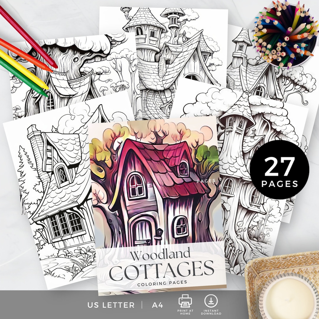 Cottage Coloring Book, Woodland Cozy Cottage Core Color Pages
