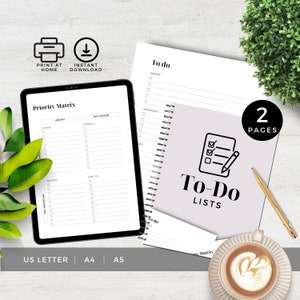 May include: A printable to-do list and priority matrix planner with a black and white design. The planner has two pages and is available in US Letter, A4, and A5 sizes.