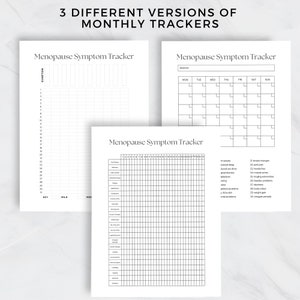May include: Three different printable menopause symptom tracker templates. The first template is a grid with days of the month on the left and symptoms on the top. The second template is a calendar with days of the week across the top and space for notes. The third template is a checklist with symptoms listed on the left and days of the month across the top.