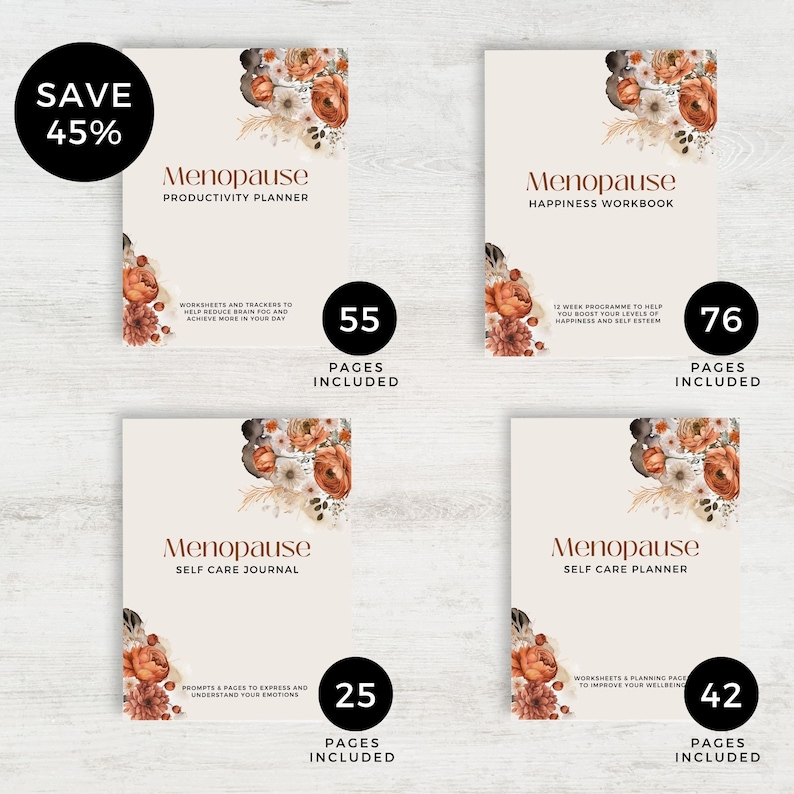 Pu&ograve; includere: Quattro copertine di planner digitali con motivi floreali e il testo "Menopause" su ciascuna. Le copertine sono per un planner di produttivit&agrave;, un quaderno di lavoro sulla felicit&agrave;, un diario di cura di s&eacute; e un planner di cura di s&eacute;. Il numero di pagine incluse in ogni planner &egrave; elencato sotto il titolo.