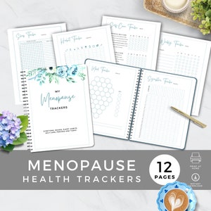 May include: A set of 12 printable menopause trackers featuring a watercolour floral design. The trackers include sleep, mood, symptoms, habits, self-care, periods, and tasks.
