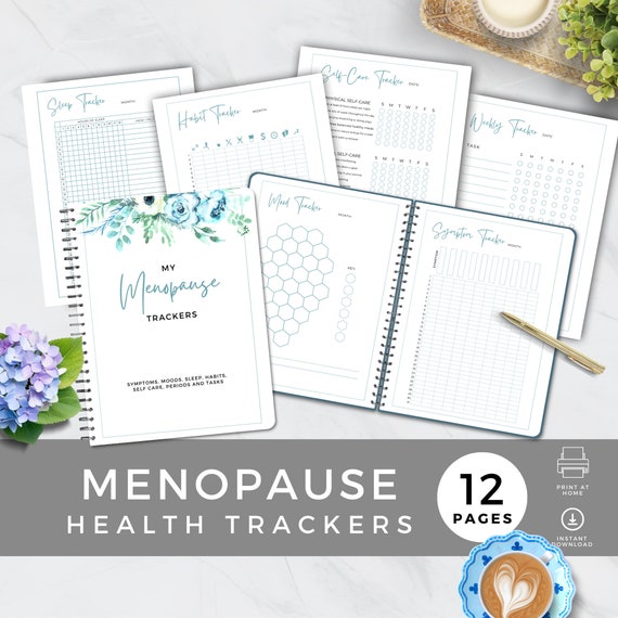 Menopause Trackers Symptoms, Period Cycle, Mood & Sleep Log, Daily Habits Chart, Perimenopause, Women's Health, Digital, Blue Floral