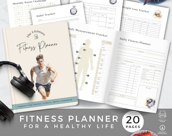 Workout Planner Men for Beginners, Fitness Goal Tracker, Weight Loss Log Template,  Healthy Food Diary, Wellbeing Workbook, Printable