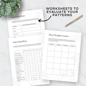 May include: Two printable worksheets to help you evaluate your sleep patterns. The first worksheet is a sleep tracker with a grid to record your sleep habits. The second worksheet is a sleep thoughts tracker to record your thoughts and feelings about sleep.