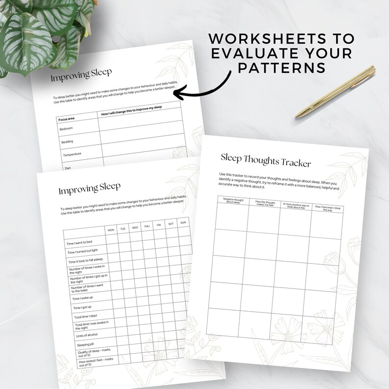 May include: Two printable worksheets to help you evaluate your sleep patterns. The first worksheet is a sleep tracker with a grid to record your sleep habits. The second worksheet is a sleep thoughts tracker to record your thoughts and feelings about sleep.