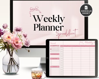 Weekly Planner Google Sheet Spreadsheet, Daily Hourly Schedule, Priority Task To Do List, Monthly Calendar, Appointment Tracker, Time Block