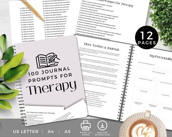 O diário de terapia solicita PDF, páginas para impressão, guia de registro no diário, check-in diário, prática de autoajuda, diário de saúde mental para iniciantes