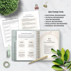 May include: A green and white planner with a gold spiral binding. The planner has a section on emotional boundaries with examples of emotional openness, respect for feelings, respect for needs, and no emotional manipulation. The planner also has a section on violating emotional boundaries with examples of emotional manipulation, disrespecting boundaries, and crossing personal boundaries.
