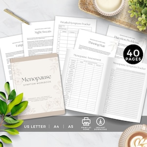 Menopauze Symptoom Tracker Werkboek, Beoordelingslogboek, Gids voor perimenopauze-omstandigheden, Gezondheidsgrafiek voor vrouwen, Zelfzorgdagboek, Neutrale bloemen