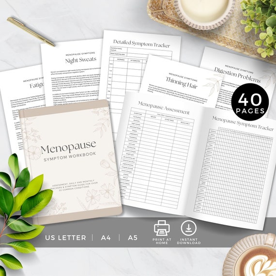 Menopause Symptom Tracker Workbook, Assessment Log, Perimenopause Conditions Guide, Women's Health Chart, Self Care Journal, Neutral Floral