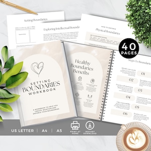 May include: A beige and white workbook titled "Setting Boundaries Workbook" with a heart symbol and the text "Healthy Boundaries Benefits" on the cover. The workbook is 40 pages and includes steps to setting boundaries, such as identifying your needs, recognizing your values, practicing self-awareness, communicating clearly, taking responsibility, and practicing self-care.