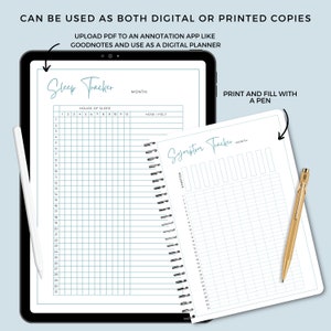 May include: A digital and printable sleep tracker and symptom tracker. The sleep tracker has a grid for recording hours of sleep and how you felt. The symptom tracker has a grid for recording symptoms by day. Both trackers have a space for the month.