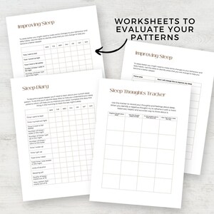 Puede incluir: Dos hojas de trabajo imprimibles para ayudar a mejorar los patrones de sue&ntilde;o. La primera hoja de trabajo es un diario del sue&ntilde;o para hacer un seguimiento de los h&aacute;bitos de sue&ntilde;o durante una semana. La segunda hoja de trabajo es un rastreador de pensamientos sobre el sue&ntilde;o para ayudar a identificar y reformular los pensamientos negativos sobre el sue&ntilde;o.
