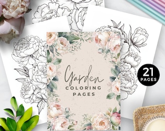 May include: A printable coloring book featuring 21 pages of floral designs. The cover features a watercolor-style illustration of white peonies with green leaves. The text "Garden Coloring Pages" is printed on the cover. The book is available in US Letter and A4 sizes.