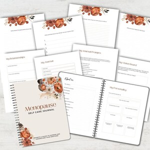 Pu&ograve; includere: Un diario di auto-cura per le donne in menopausa. Il diario ha una copertina beige con un design floreale e il testo "Menopause Self Care Journal". Il diario ha una rilegatura a spirale ed &egrave; aperto a una pagina con il testo "Le mie relazioni".
