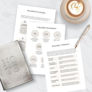 May include: A set of two printable worksheets with beige text on a white background. The first worksheet is titled "Boundaries Examples" and the second worksheet is titled "Unhealthy Boundaries". Both worksheets contain a list of different types of boundaries and examples of boundary violations.