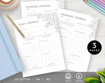Daily Positivity Journal Printable, Morgen Intentionen, Abend Reflexionen, Ziele & zu tun, 5 Minuten Journal Planner Einsätze, Blumen Doodles